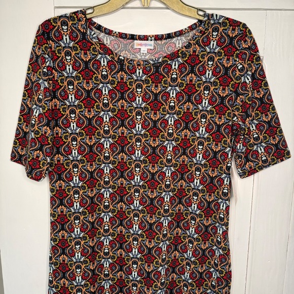 LuLaRoe Julia Dress Size Med Paisley Print Short Sleeve Sheath Midi Red Orange - Picture 2 of 6